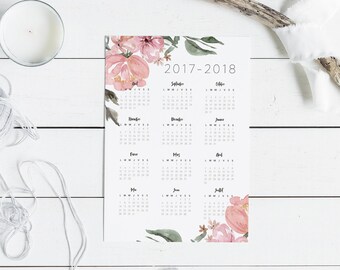 French Printable School Year Calendar 2017-2018 - Printable Yearly Calendar, Watercolor Flower, Teacher Planner, Student Planner