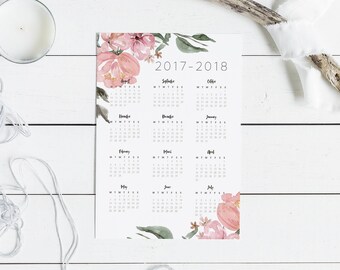 Printable School Year Calendar 2017-2018 - Printable Yearly Calendar, Watercolor Flower, Teacher Planner, Student Planner