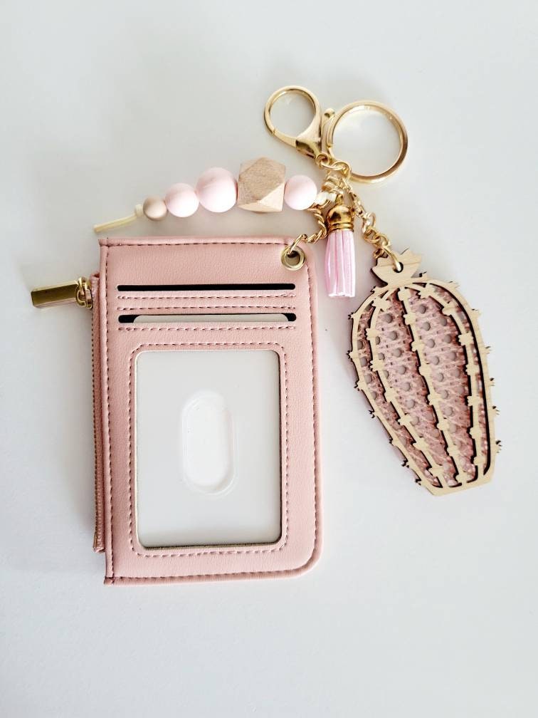 Pink and Rose Gold Wallet Keychain With Silicone Bead Attachment, Tassel  and Cactus / Succulent. 