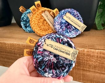 Handmade Crochet Car Coasters – Chunky Yarn Cup Holder Set