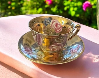 Legle Porcelain Limoges Gold Encrusted Set 6 Demitasses, 5 Saucers