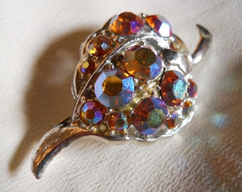 Vintage rhinestone pin organic shape iridescent brooch AB aurora borealis