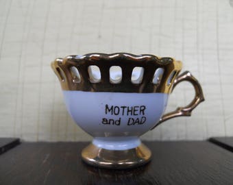Vintage Mother and Dad anniversary cup, 50th anniversary, decorative demitasse cup, gold anniversary, gold and white ceramic cabinet cup