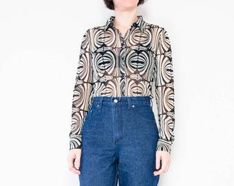 90s Geometric Patterned Sheer Mesh Blouse / S-M