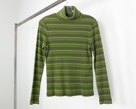 Y2K RIBBED + STRIPED Green Turtleneck / Vintage Gr