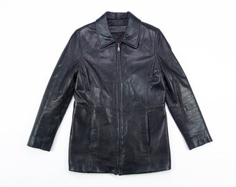 Black LEATHER Jacket / Vintage 90s Y2K Black ZIP Up Leather Jacket / Motorcycle Leather Jacket / Size XS
