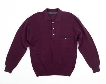 LAMBSWOOL Polo Sweater / Vintage PLUM Wool Pullover / 90s Dark Purple Collared Polo Sweater / Size Large XL