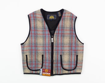 90s WOOL Vest / Vintage DEADSTOCK President Stone Zip Up Vest / BOXY Plaid Wool Vest / Size Large