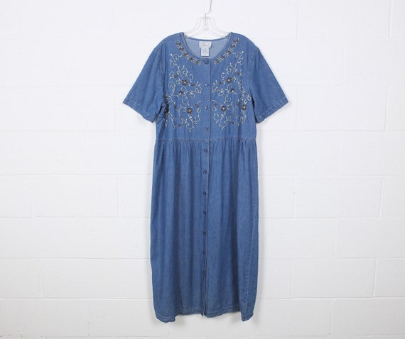 Embroidered DENIM MAXI Dress Plus Size / Floral De