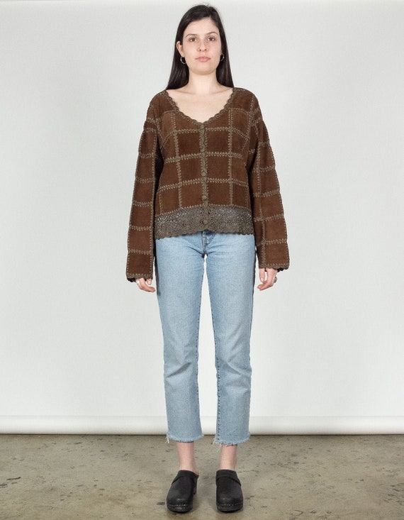 SUEDE And CROCHET Cardigan / Vintage Brown Crochet