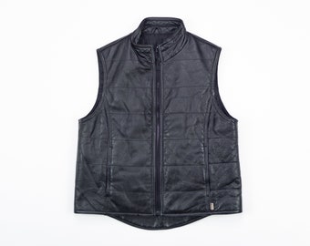 Black LEATHER Vest / Vintage 90s QUILTED Leather Vest / Zip Up Leather Vest / Size Small