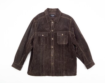 90s SUEDE Jacket / Vintage Brown Suede Shirt Jacket / CONTRAST Stitching Suede Jacket / Size XL