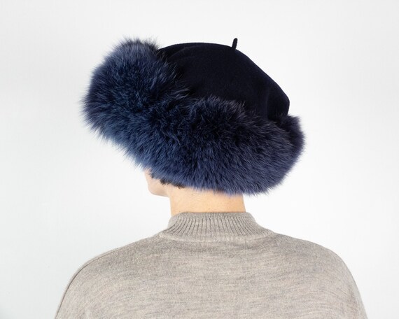 FUR TRIMMED BERET / Vintage Fluffy Fur Winter Hat