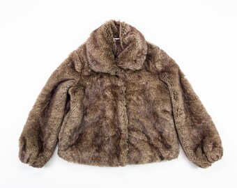 90s FAUX FUR Coat / Vintage Fluffy Short Coat / Daniel LAURENT Brown Faux Fur Jacket / Size Small