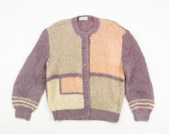 Vintage MOHAIR Cardigan / 80s Pastel FUZZY Cardigan / Flaherty Imports Kennebunkport Sweater / Size Large