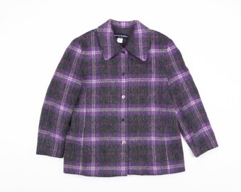 Vintage MOHAIR Blazer / Purple + Grey PLAID Tartan Button Up Jacket / Short WOOL + Mohair Jacket / Size Large