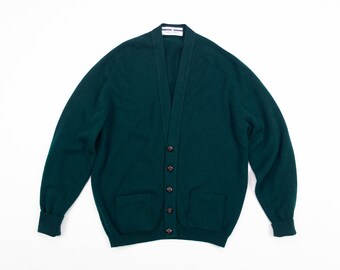 LAMBSWOOL Cardigan / Vintage Wool Sweater Made In SCOTLAND / James Renwick Green Lambswool Cardigan / Size Medium Large