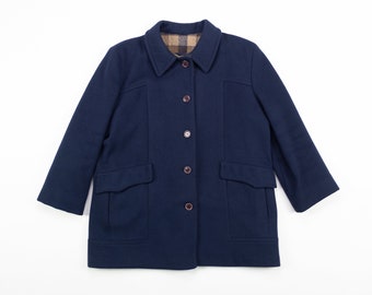 Short WOOL Jacket / LONDON FOG Navy Wool Coat / Vintage 80s Plaid Lined Jacket / Size Small to Medium