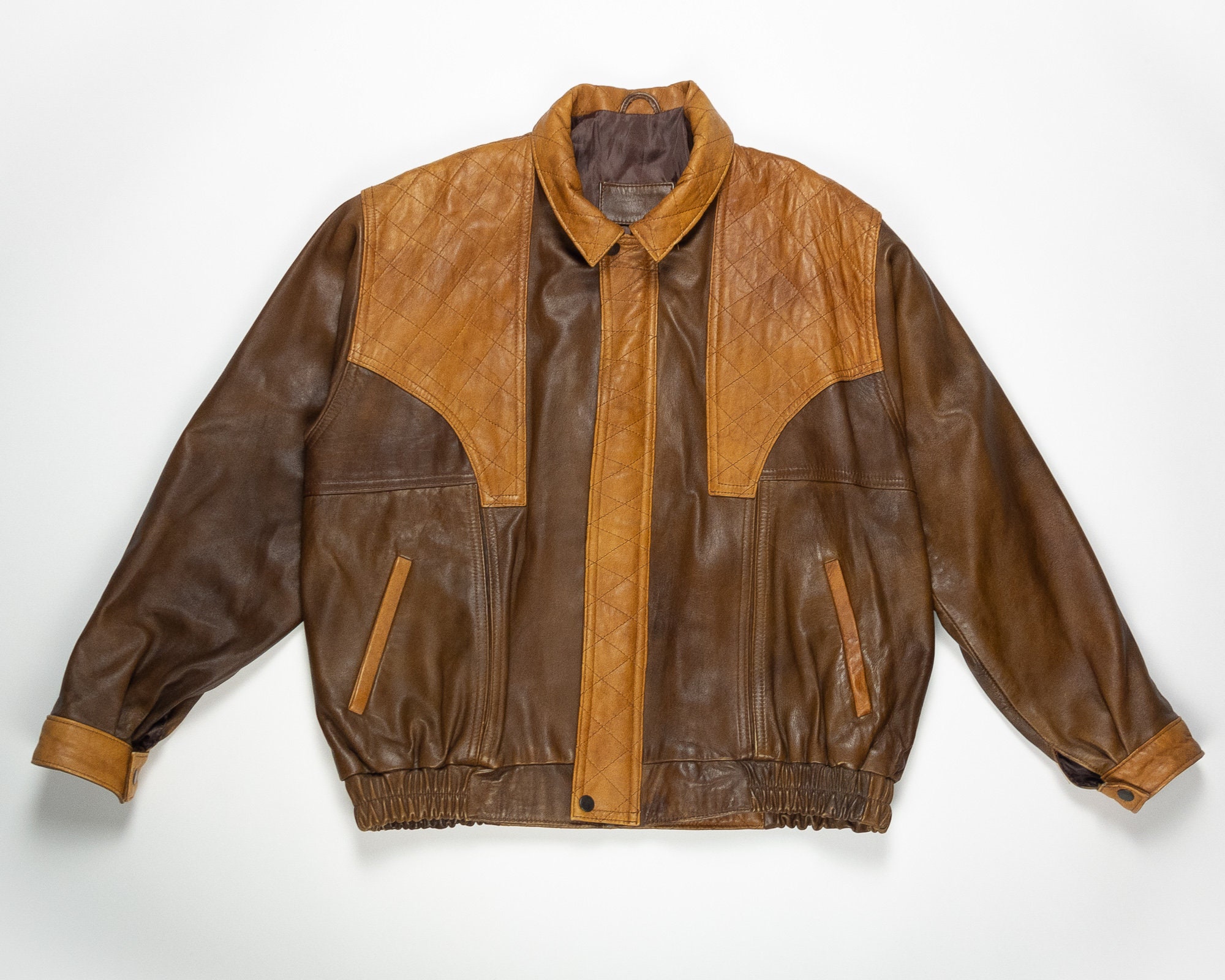 LEATHER TWO Tone Jacket 80s Bomber Jacket / Vintage Caramel Etsy