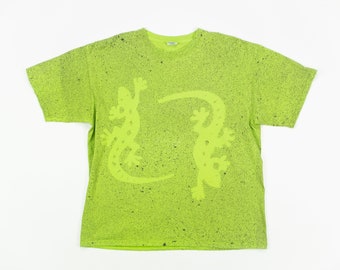 Vintage T-Shirt / LIZARDS T-Shirt / Reptiles Neon Green Tee / DOUBLE SIDED Paint Splatter Print T-Shirt / Size Adult Medium