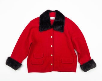 Vintage WOOL Cardigan / 90s Red Cardigan With Black FUR Collar And Cuffs / Fur + Wool Sweater / Size Large XL