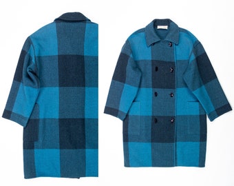 80s WOOL Jacket / Vintage IRVING SAMUEL Jacket / Long Blue + Black Plaid Cardigan Coat / Size Large
