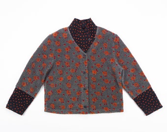 Vintage FLEECE Cardigan / Grey + Orange FLORAL Fleece Jacket / Cropped Fleece Cardigan / Size Small Medium