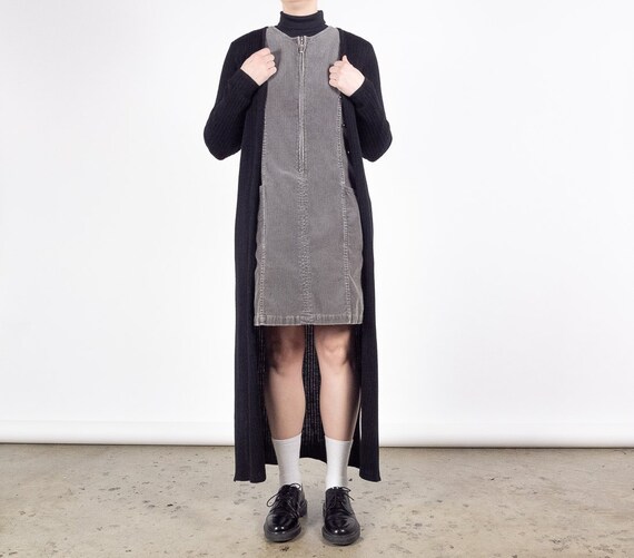 90s Long Black Ribbed Cardigan Dress / Wool Blend