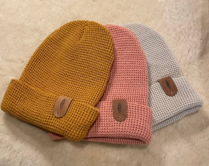 Waffle Knit beanie with bison leather tag