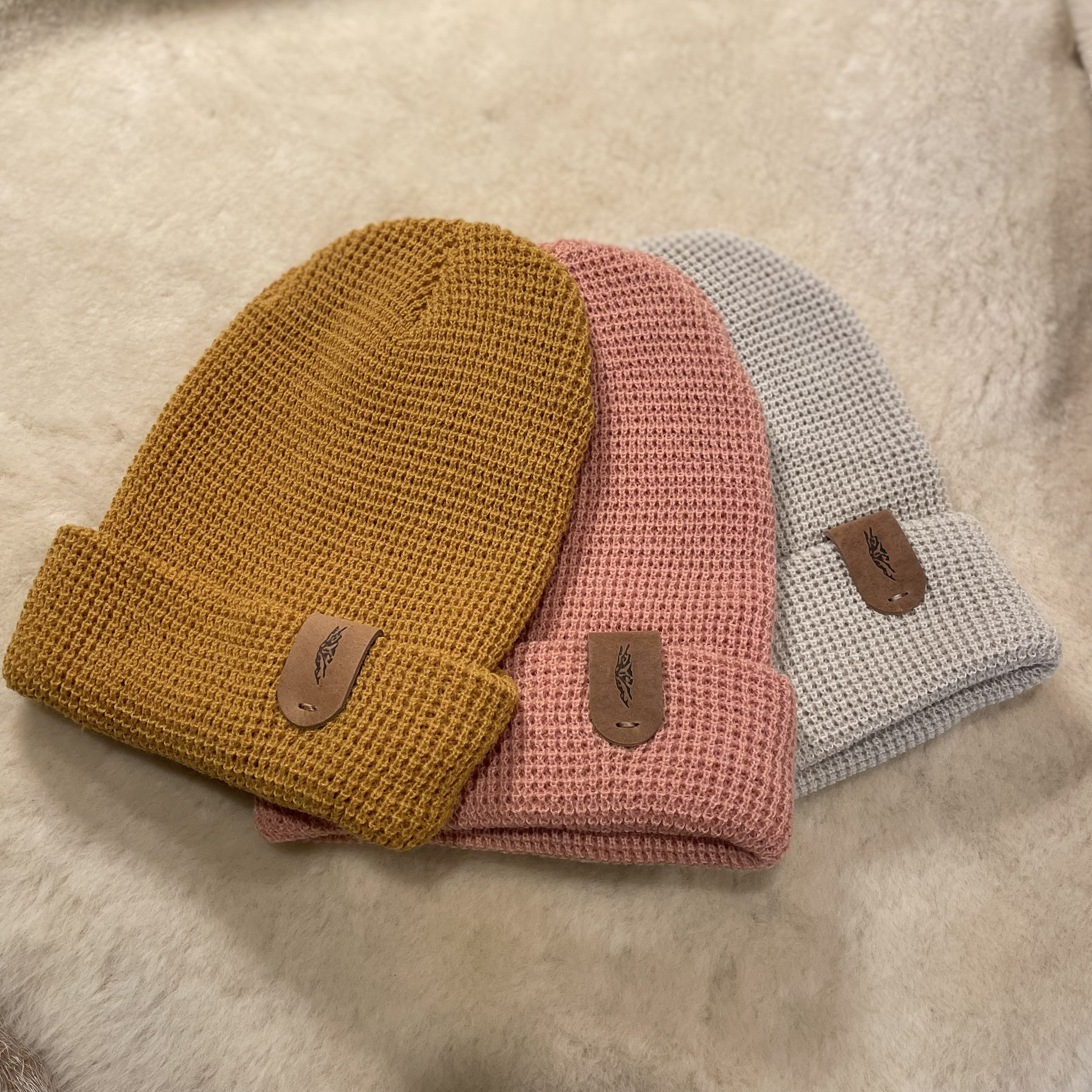 Waffle Knit beanie with bison leather tag