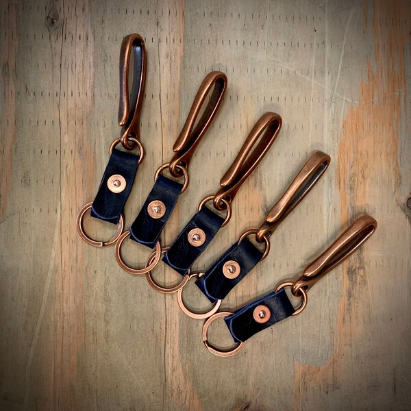Blue Bison leather and Copper Japanese Fishhook keychain