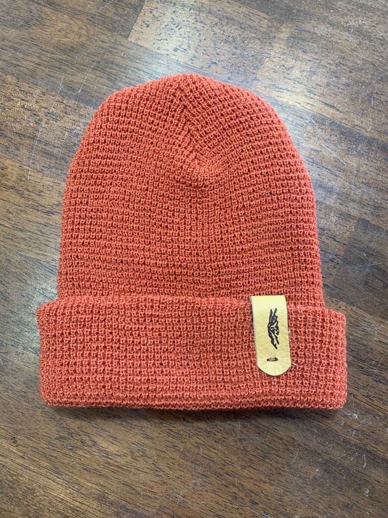 Waffle Knit Beanie With Bison Leather Tag Etsy