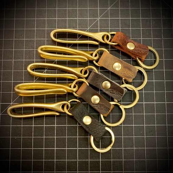 Japanese Fishhook Keychain with Bison Leather and Solid Brass