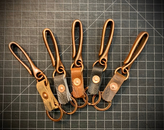 Antiqued Copper Japanese Fishhook keychain with Bison leather and copper post and burr rivet.