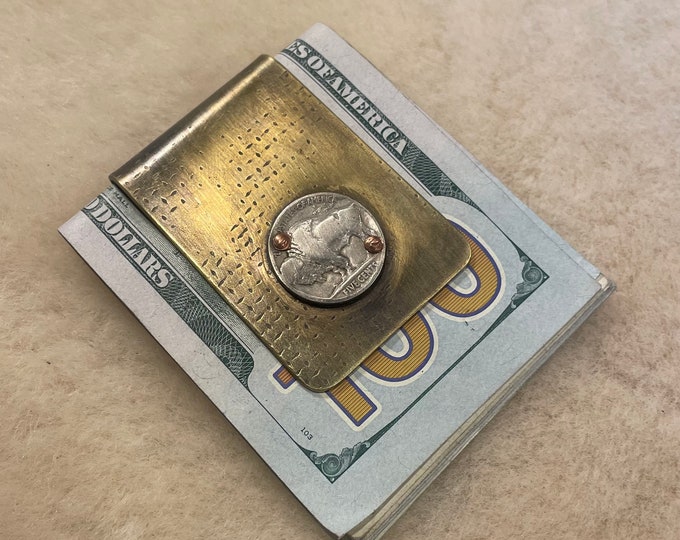 Reclaimed artillery shell money clip with buffalo nickel