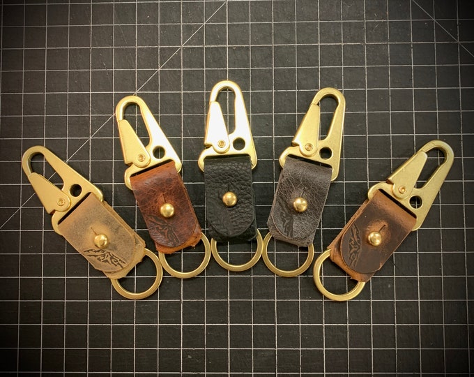 Bison leather and brass HK military style keychain snap clip