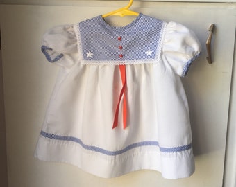 Vintage Baby Dress Nautical Sail Sailor Boat Blue White Stripe - 90s 90's Retro