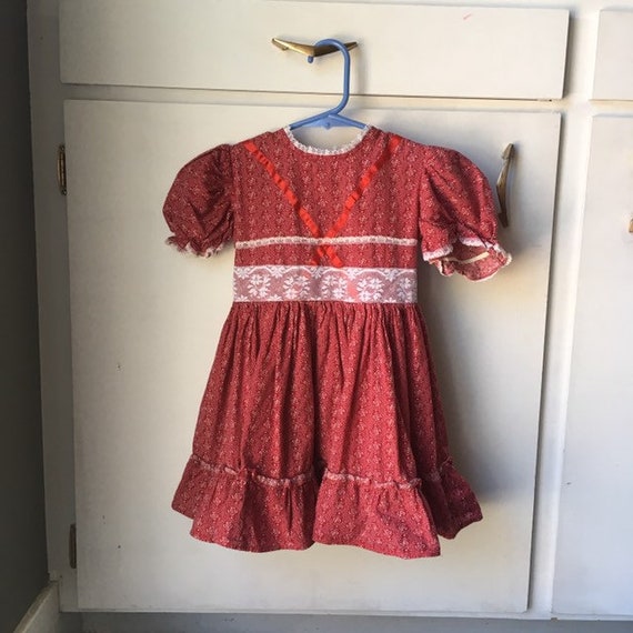 Vintage Toddler Dress Girl Red White Silk Lace Gr… - image 1