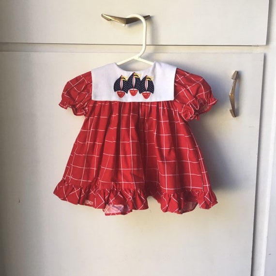 Vintage Baby Dress Nautical Boat Red White Blue 4… - image 1