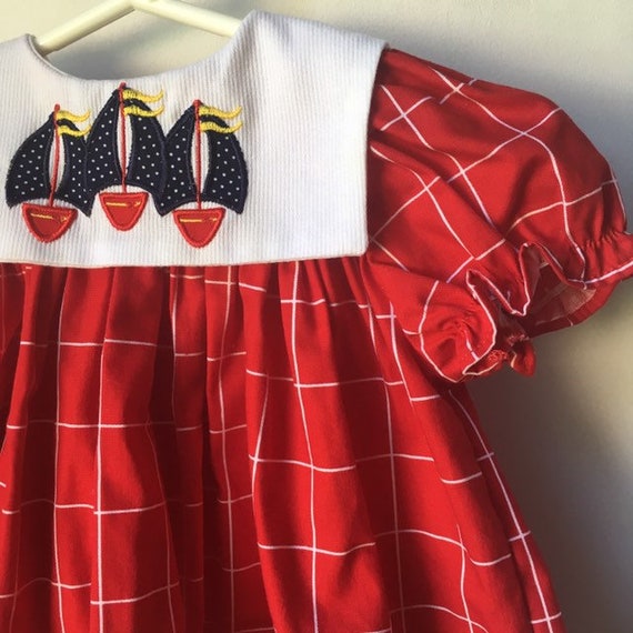 Vintage Baby Dress Nautical Boat Red White Blue 4… - image 2