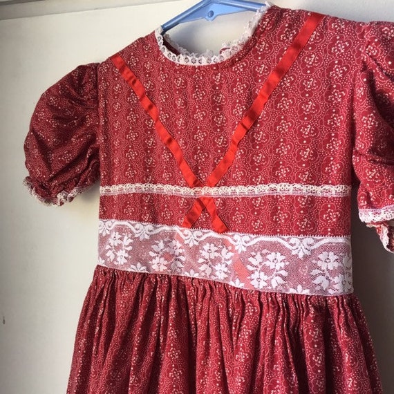 Vintage Toddler Dress Girl Red White Silk Lace Gr… - image 2