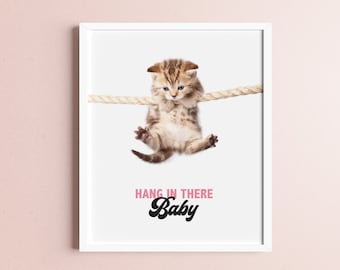 Hang in There Cat Retro Motivational Cool Wall Decor Art Print Poster for Office | Hang in there baby, kitty poster, funny, Physical Print