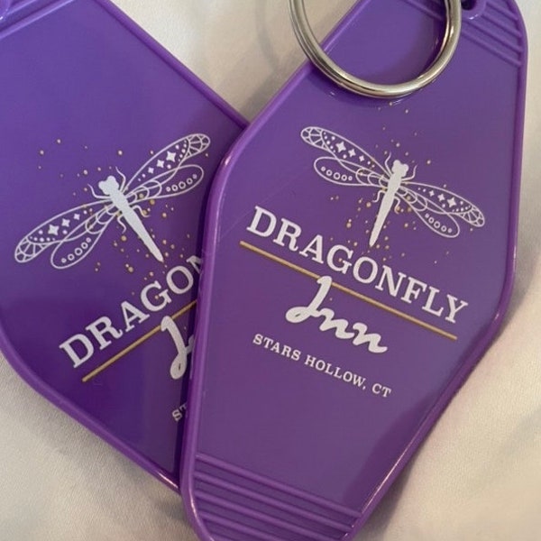 Dragonfly Inn Retro Motel Keychain Gift for her Vintage Hotel Key Tag Motel Key Chain Purple and Gold