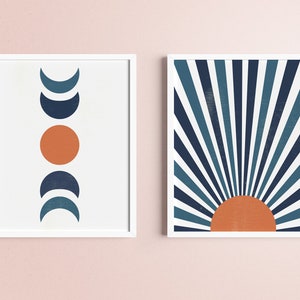 Sun burst and Moon phase Print Set of 2 Home Decor refresh Terracotta and Navy blue New Mexico style