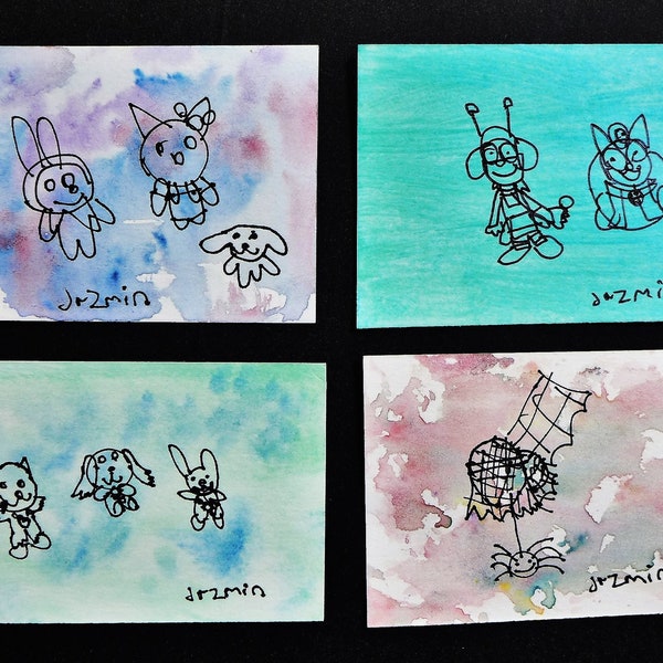 SALE!!!  All 4 quirky, cool, ACEO's by Autistic artist, Jazmin!  Hand-painted and drawn, watercolor, pen, with message!