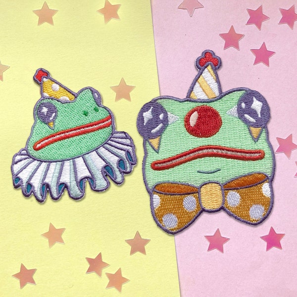 Clown Frog Iron On Patch ~ Embroidered ~ Kawaii Clowncore & Frogcore Lovers! Iron On Badge Motif Applique for Clothing, Bags, Totes, Caps!