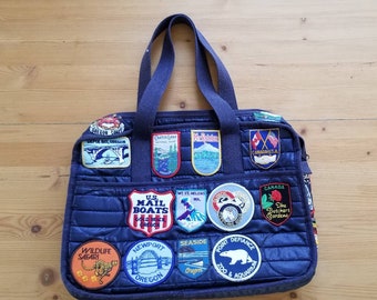 Vintage Patches 31 Vintage Travel Patches Handsewn on Vintage Briefcase Travel Bag PNW Memorabilia