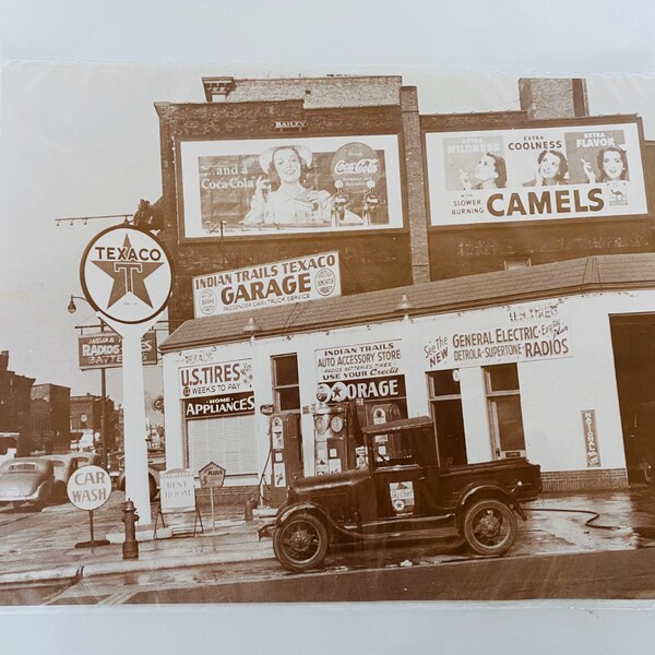 Large Sepia Tone Photograph 1940s Photography Indian Trails Texaco Vintage Photograph  Benton Harbor Michigan