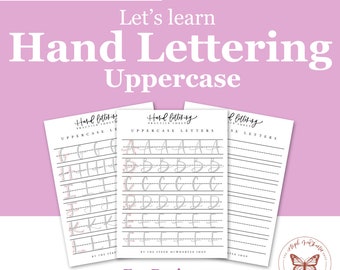 May include: Three printable worksheets for learning uppercase hand lettering. The worksheets feature a pink butterfly logo and the text "Hand Lettering Practice Sheets" and "Uppercase Letters". The text "For Beginners" and "7 Pages" is also included.