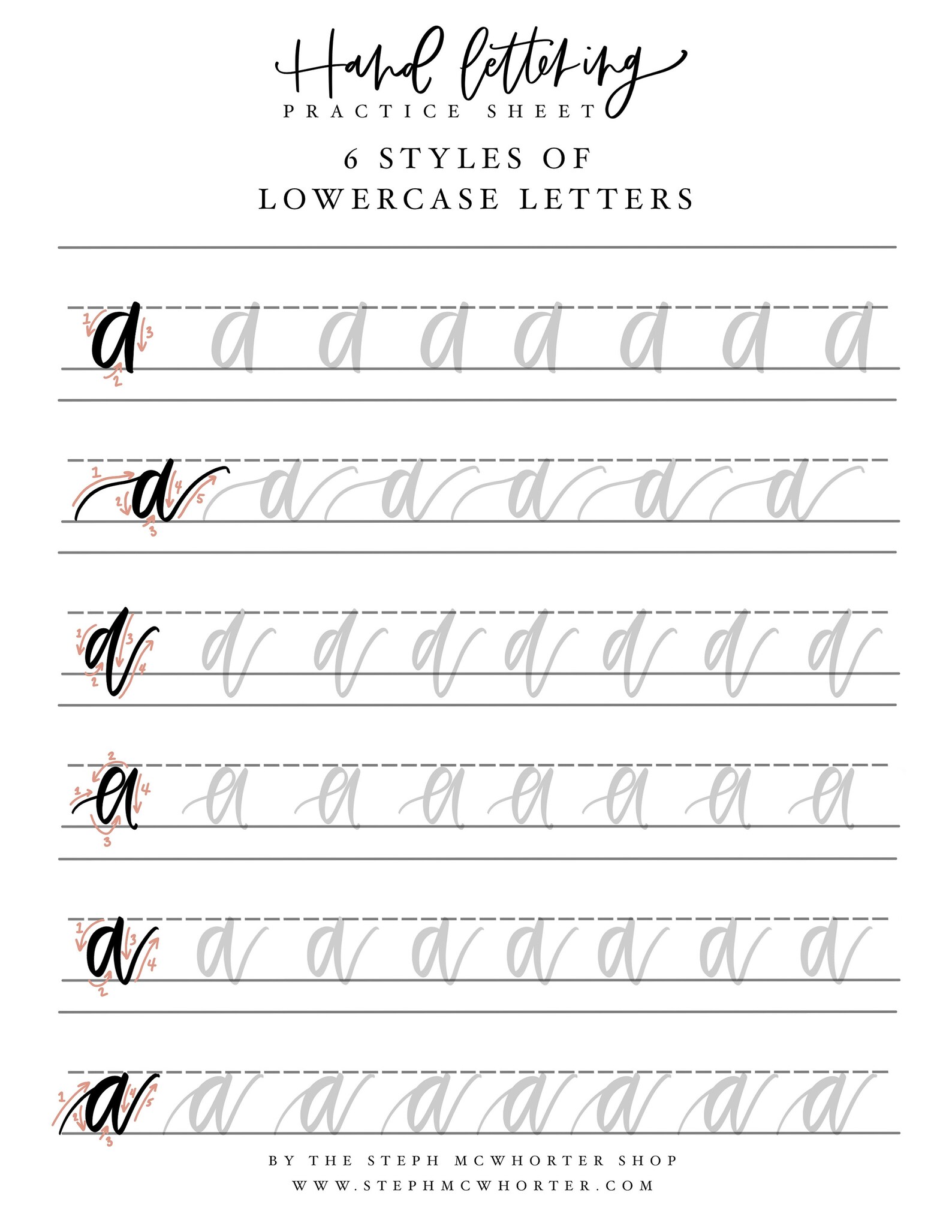 Lowercase Hand Lettering Hand Lettering 6 Styles of Lowercase Letters Worksheets for Beginners ...
